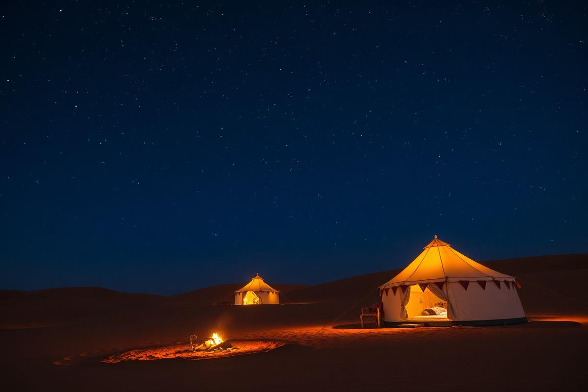 Camp de luxe éclairé dans le désert de Merzouga la nuit
